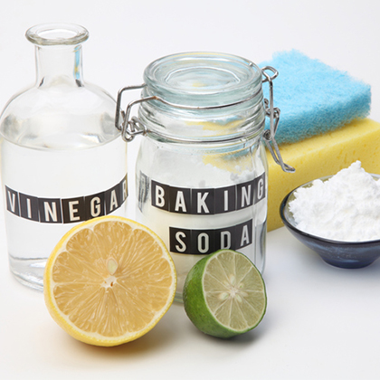 glass jars labelled and filled with vinegar and baking soda, a lemon and lime, and a blue and yellow sponge on a white surface